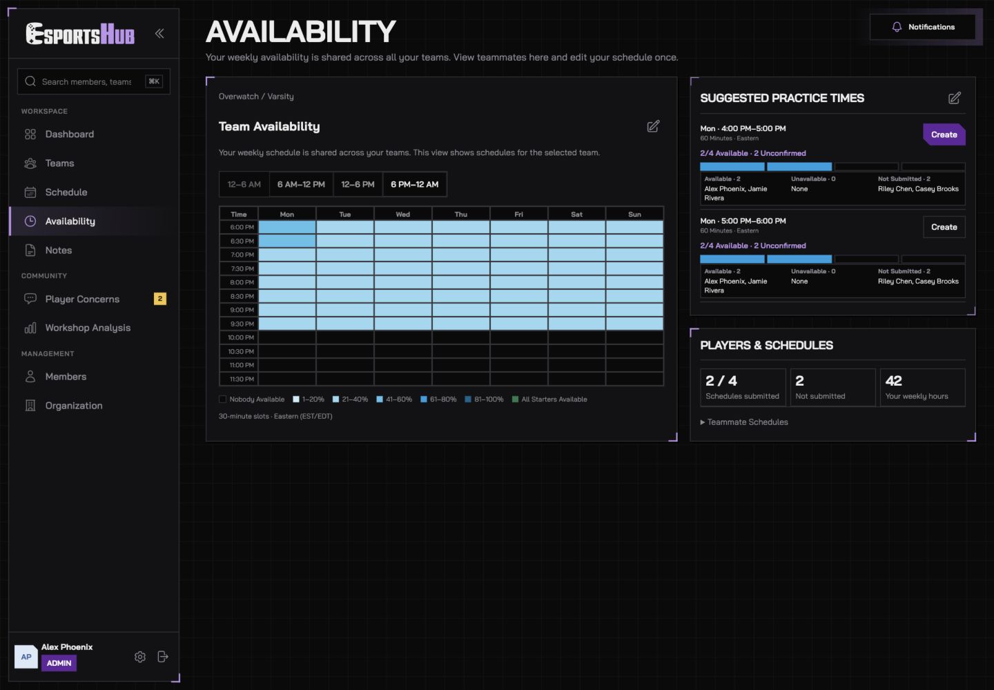 Team availability grid and suggested practice windows