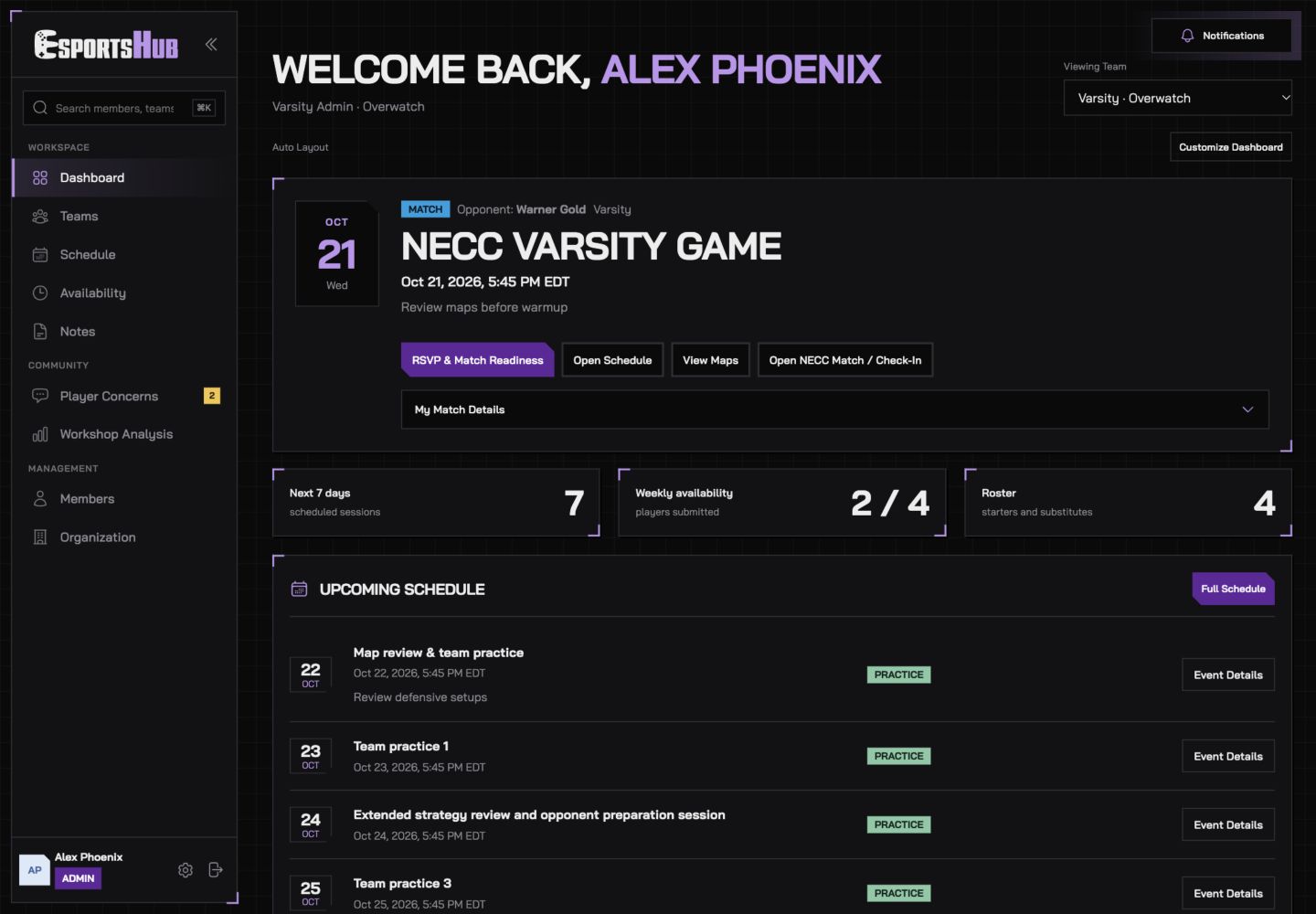 Current EsportsHub dashboard showing the upcoming match, schedule, and team summary