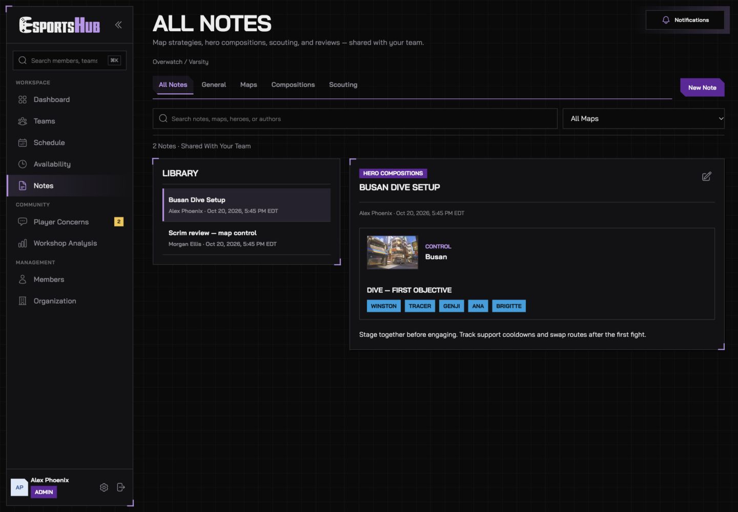 Team notes library with map strategies and hero composition details