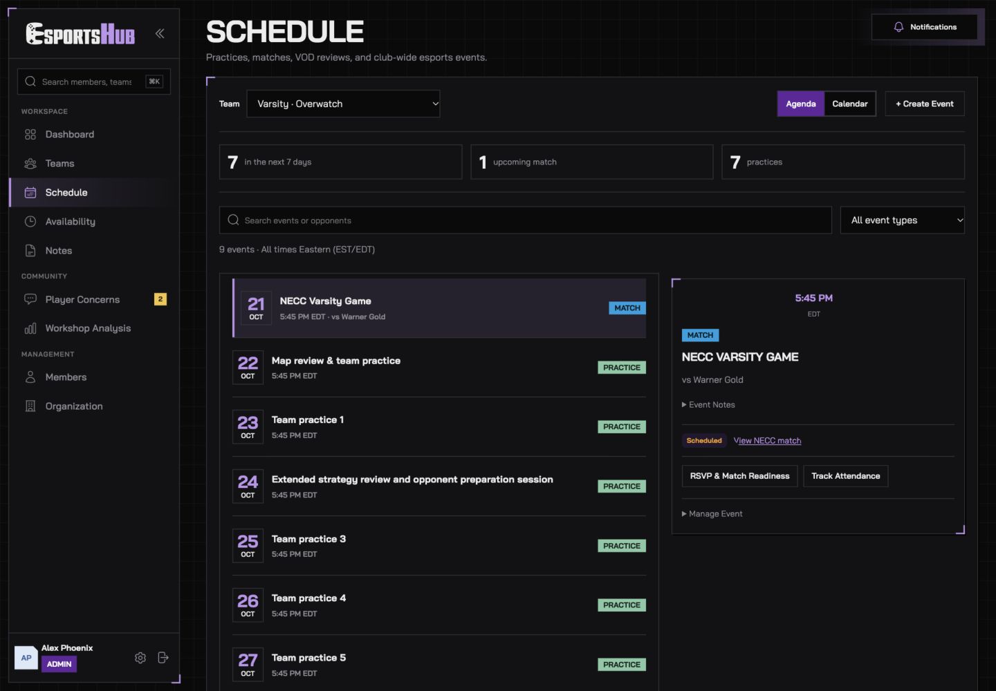 Schedule showing upcoming events and RSVP actions